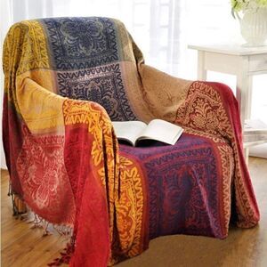 Boho Chenille Throw Blanket Jacquard Tassels Colorful Tribal Pattern 86” x 102”